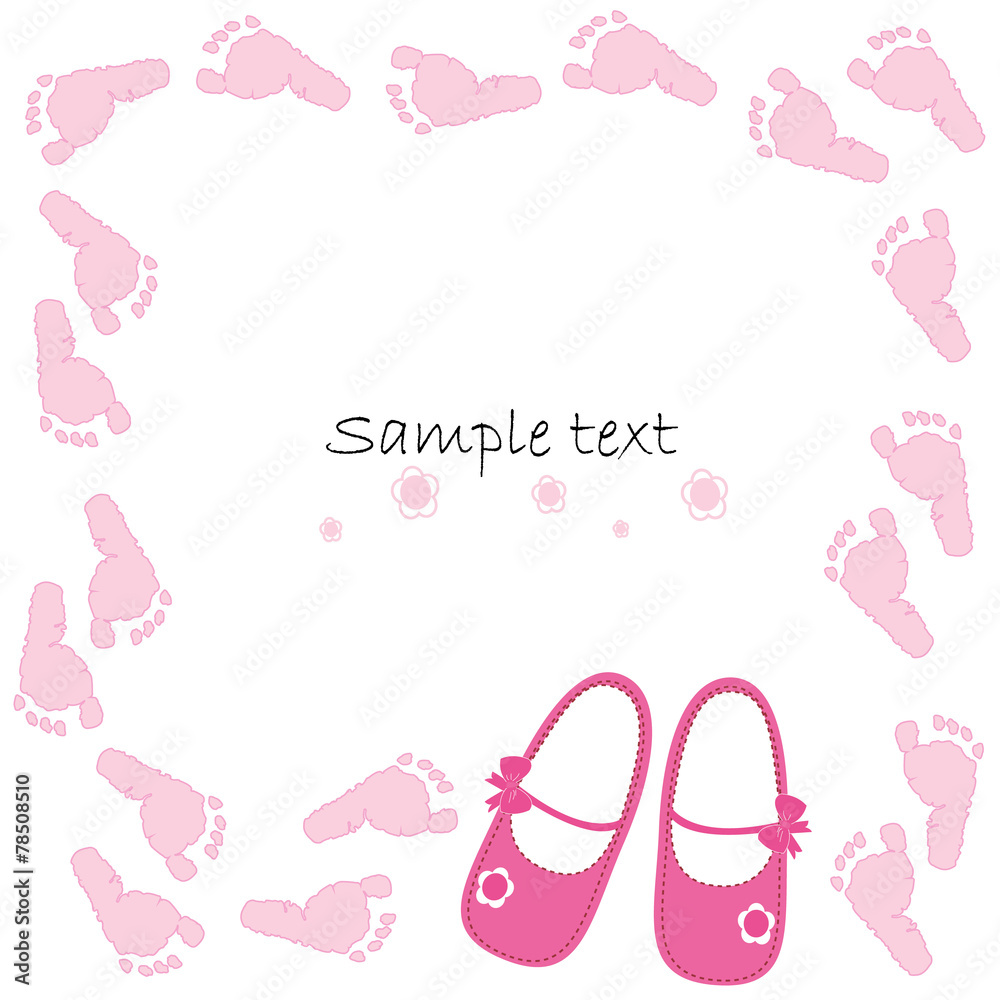 Pink baby shoes baby arrival card vector
