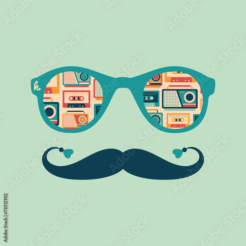 Colorful hipster sunglasses with tape recorders and cassettes.