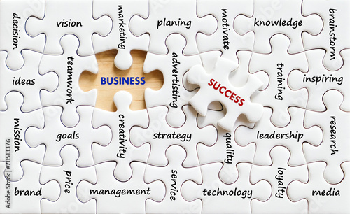 Words on jigsaw puzzle background, success in business concept