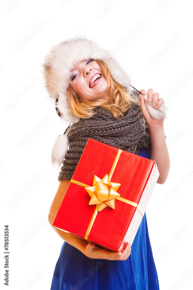 winter girl with red gift box isolated