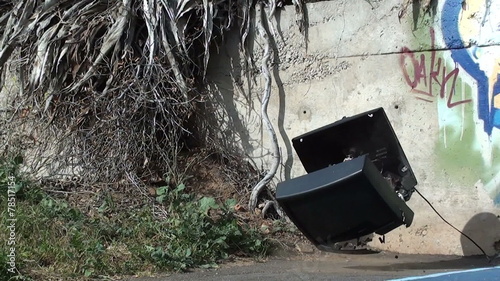 Old TV crashing to the ground (Slow Motion)