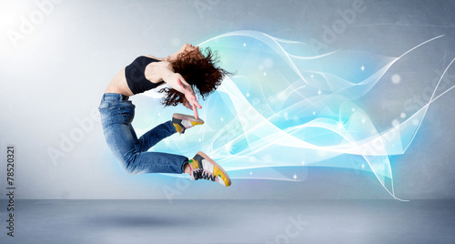 Wallpaper Mural Cute teenager jumping with abstract blue scarf around her Torontodigital.ca