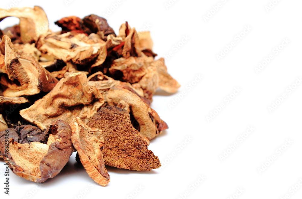 Heap of dried mushrooms with copy space for text
