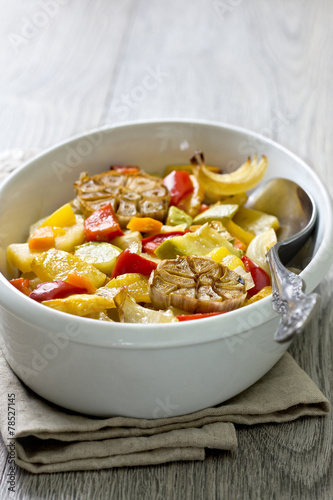 roasted vegetables in a white dish