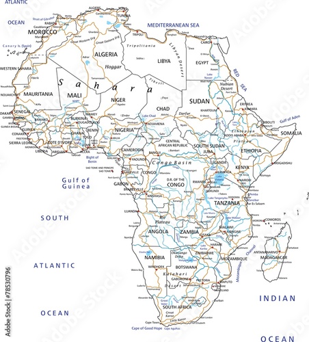 High detailed Africa road map with labeling.