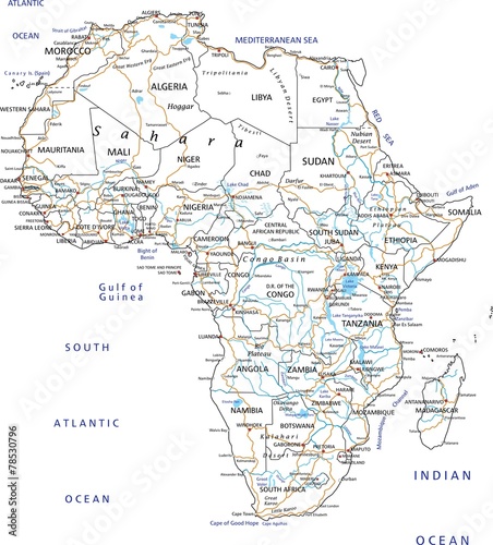 High detailed Africa road map with labeling. photo