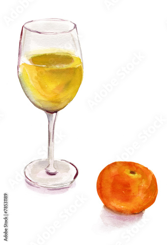 A drawing of a glass of white wine a, bright