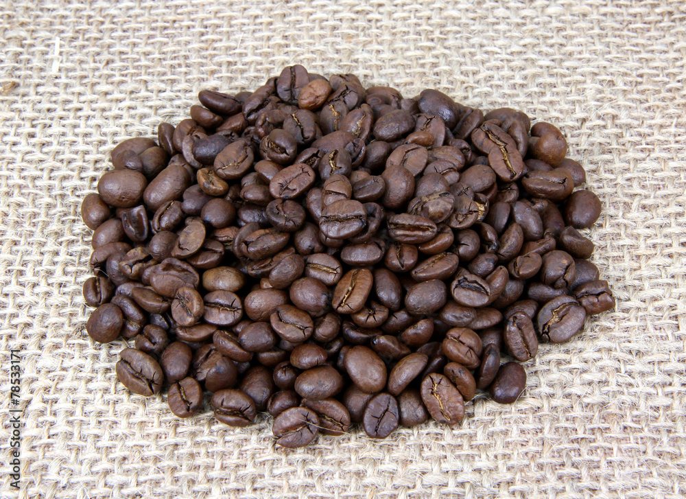 Fresh coffee beans on canvas texture background Fresh coffee beans on canvas texture background