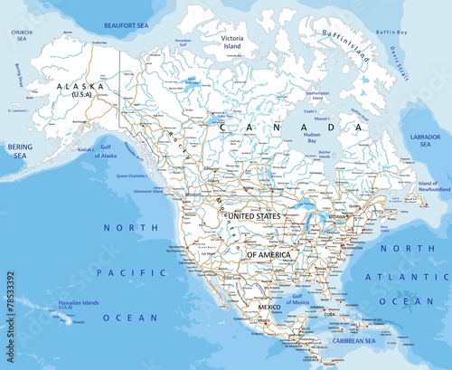 High detailed North America road map with labeling.