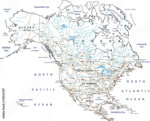 High detailed North America road map with labeling.