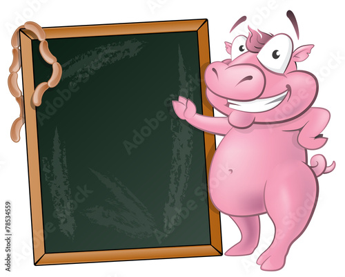 Cute Waving Pig Character with Chalk Board.