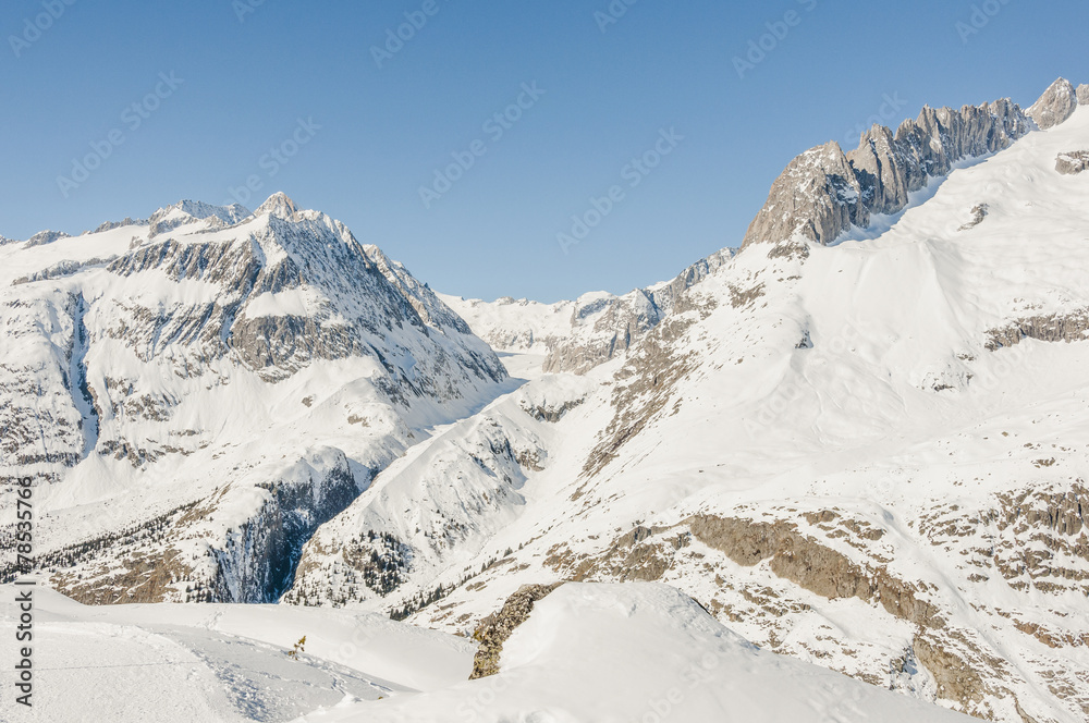 Riederalp, Bergdorf, Walliser Alpen, Höhenweg, Winter, Schweiz
