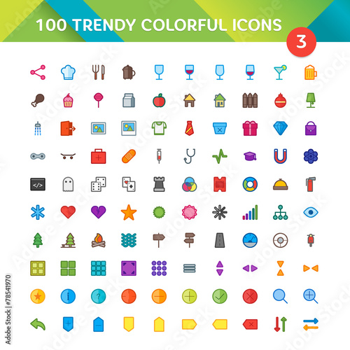 100 Universal Icons in Material Design Color Palette set 3