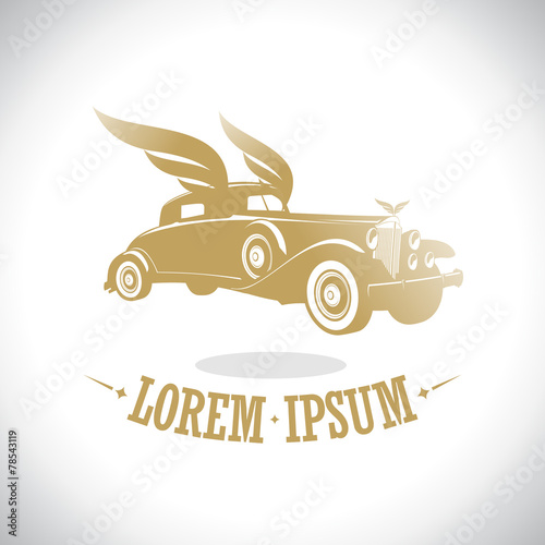 Gold retro car with wings logo.