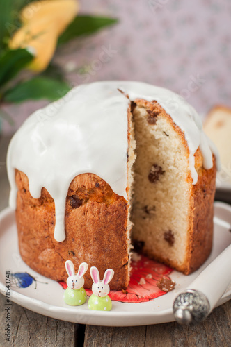 Rustic Style Kulich, Russian Sweet Easter Bread Topped with Suga photo