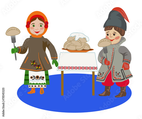 Children in Ukrainian folk costume eating dumplings