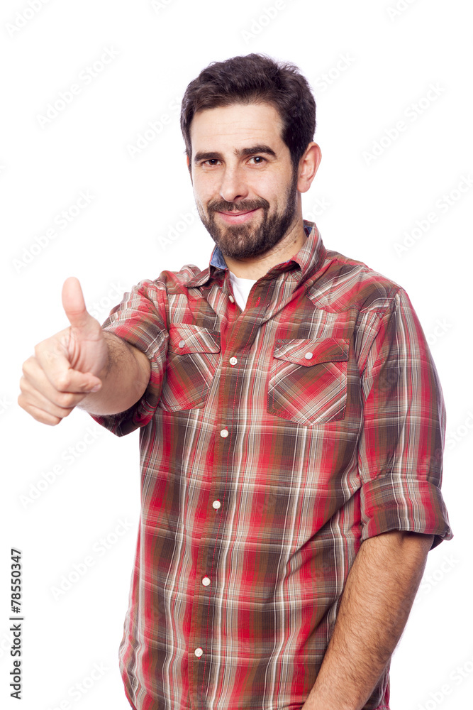 Handsome casual man giving thumbs up sign, isolated on white bac Handsome casual man giving thumbs up sign, isolated on white bac