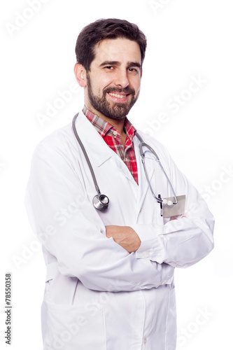 Portrait of handsome doctor standing on white background © cristovao31
