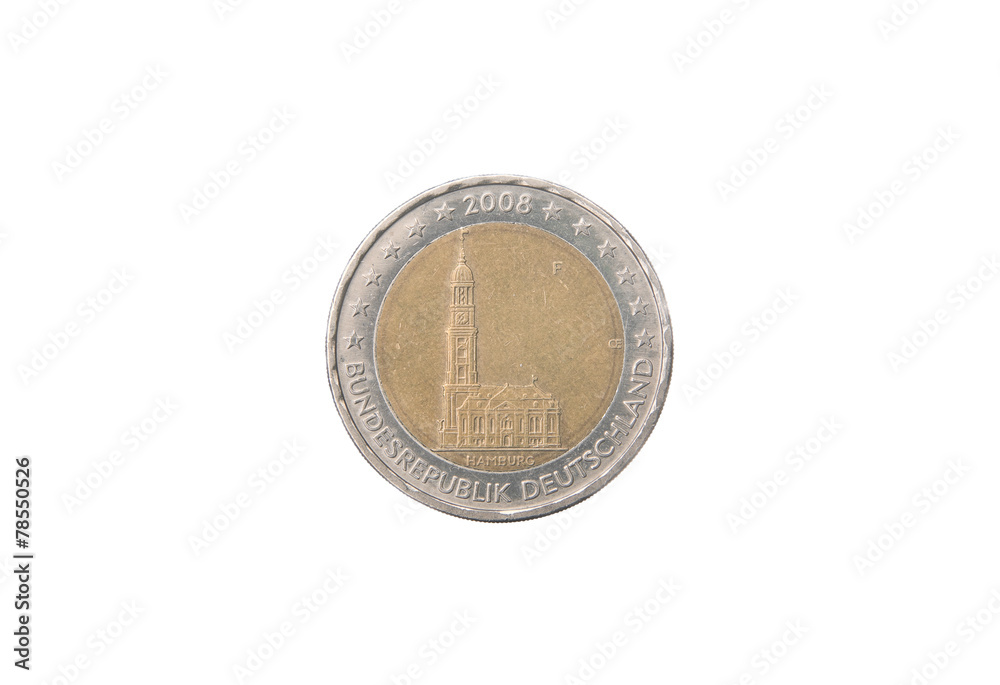 Commemorative 2 euro coin of Germany minted in 2008 over white Commemorative 2 euro coin of Germany minted in 2008 over white
