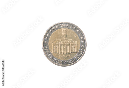 Commemorative 2 euro coin of Germany minted in 2009 over white