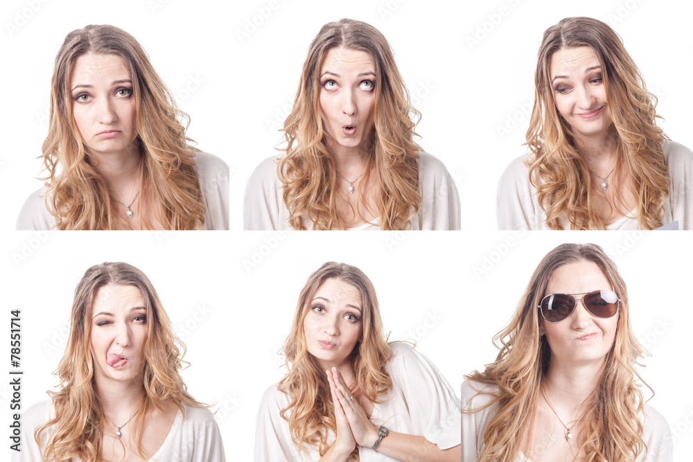 Collage of woman different facial expressions Collage of woman different facial expressions