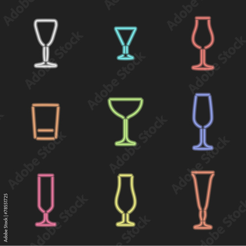 vector neon light sign colors alcohol glasses set