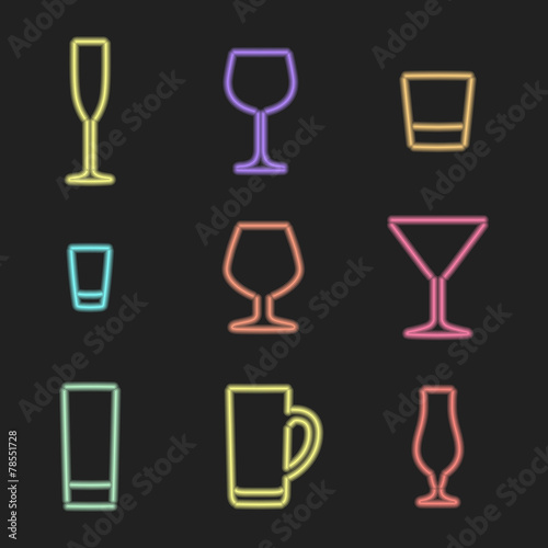 vector neon light sign  color alcohol glasses icons