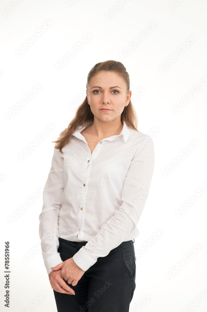 Young woman in a white shirt against white background Young woman in a white shirt against white background