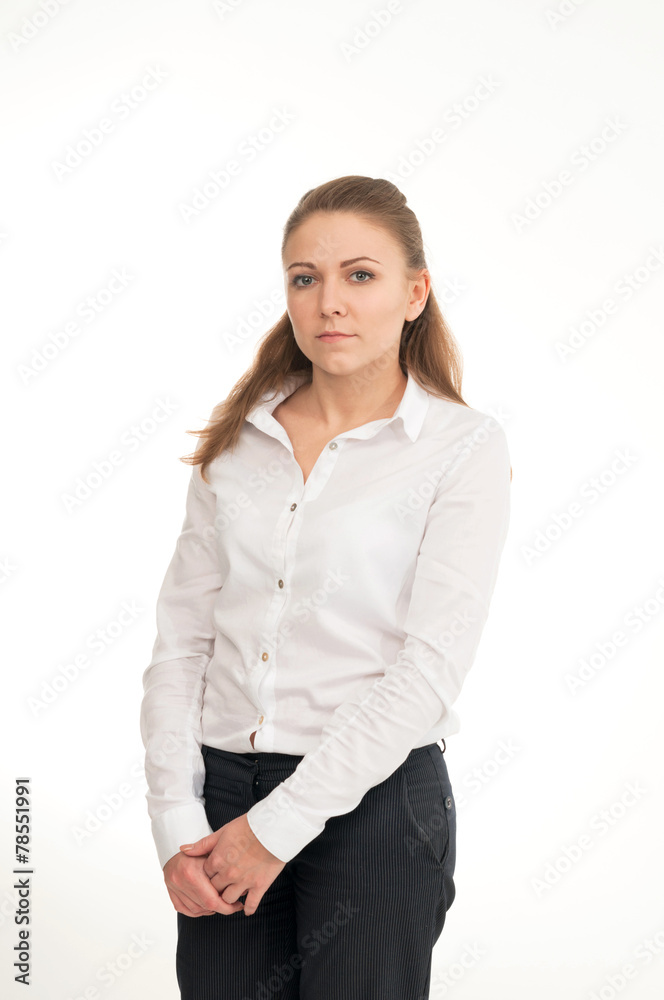 Young woman in a white shirt against white background Young woman in a white shirt against white background