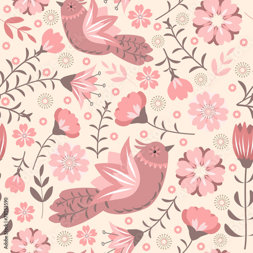 Seamless with flowers and birds.