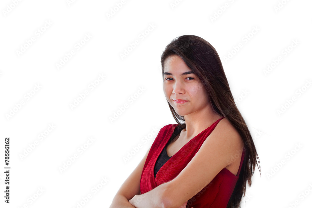 Happy smiling teen girl in red dress, arms crossed Happy smiling teen girl in red dress, arms crossed