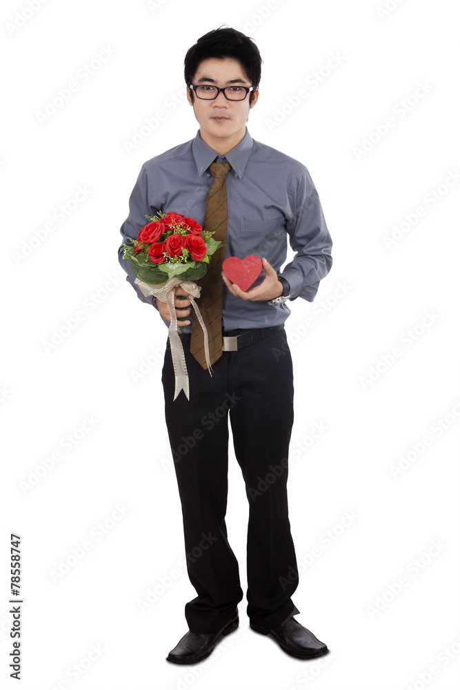 Chinese person with roses and gift Chinese person with roses and gift
