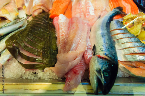 Fishes at fish market (Fisketorget) in Bergen, Norway