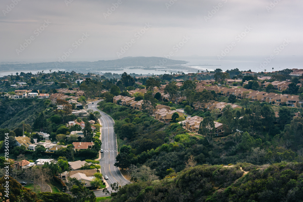 View of houses in the hills of La Jolla, from Mount Soledad, in