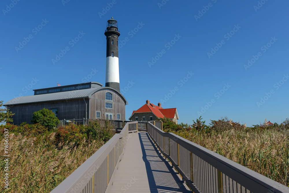 The Fire Island Lighthouse as seen from the nature boardwalk in