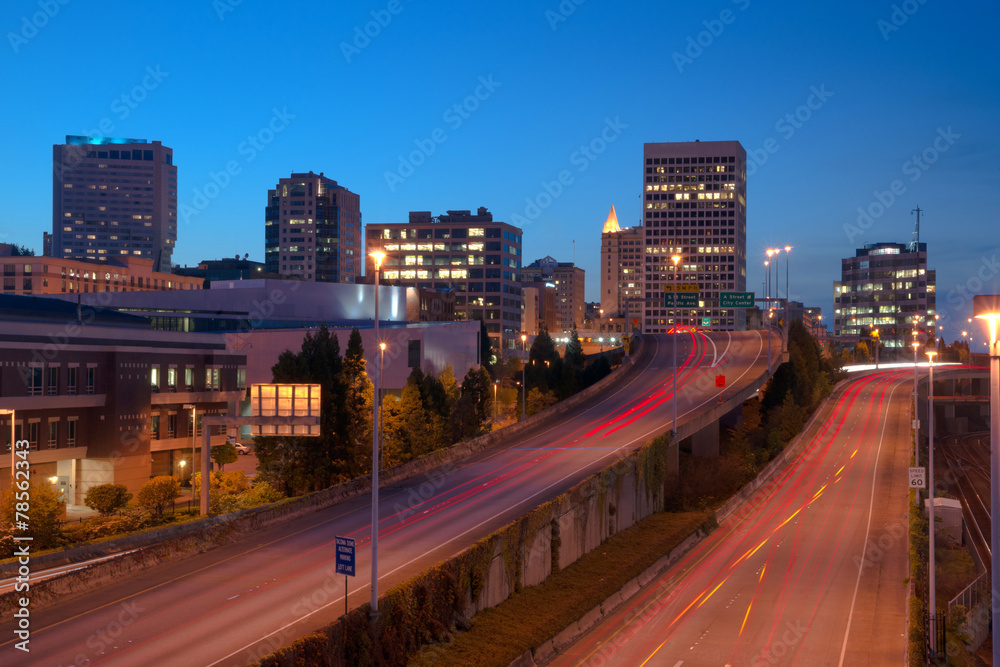 Highway Into Downtown Tacoma Washington City Skyline