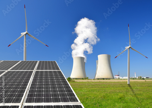 solar panel, wind turbines and nuclear power plant photo