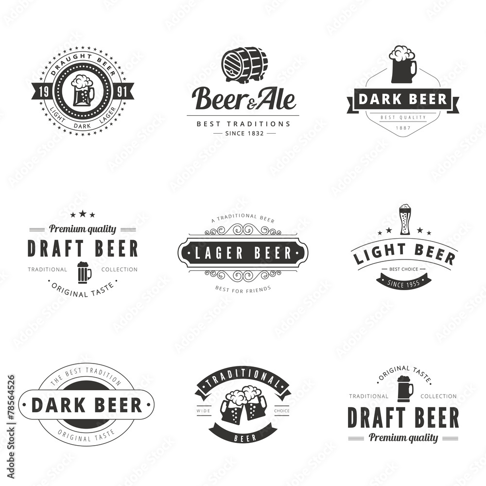 Beer Retro Vintage Labels Hipster Logo Design Vector Typography Stock
