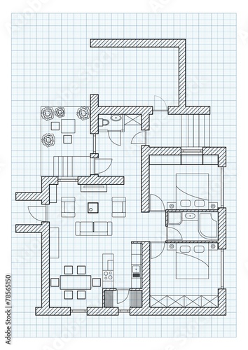 Black and White floor plan of a house on millimeter paper.