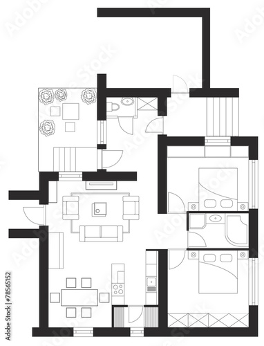 Black and White floor plan of a house.