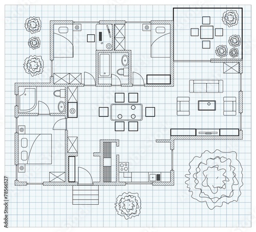 Black and White floor plan of a house on millimeter paper.