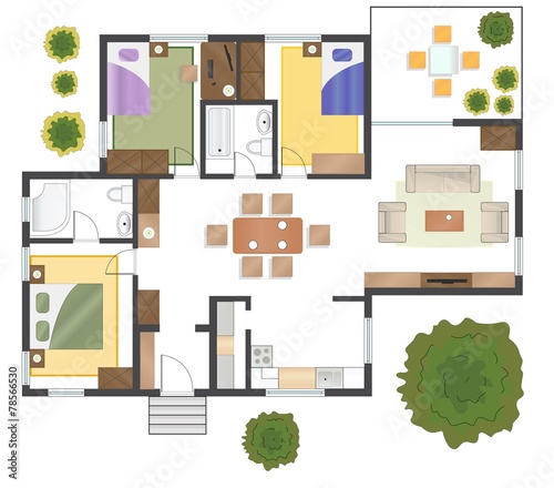 Colorful floor plan of a house.