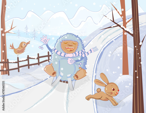 Sledding yeti winter fun cartoon illustration