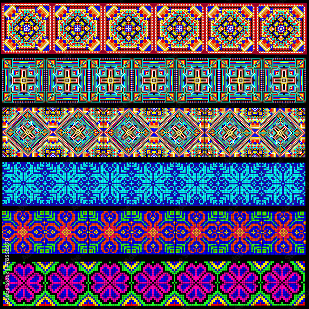 set of ornamental braid strips of colored geometric ornament