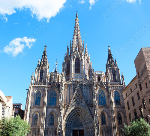 Gothic Catholic Cathedral Facade Steeples Barcelona
