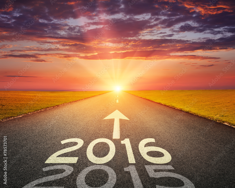 Empty road to upcoming 2016 at sunset - obrazy, fototapety, plakaty 