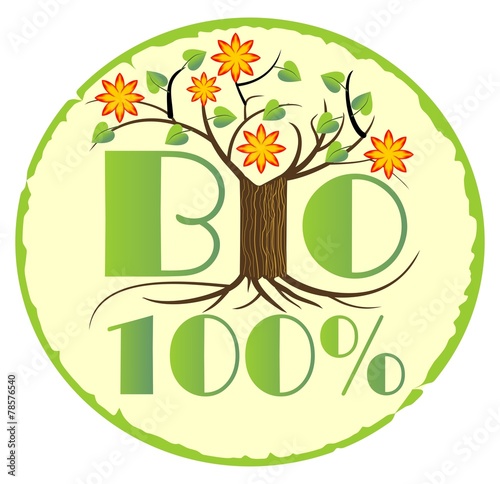 Label for bio product with yellow flower on the tree 
