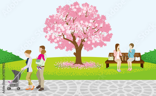 Cherry Tree and Cheerful People in Spring Park