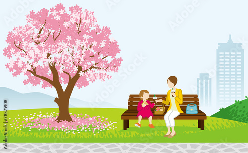 Mother and Child Picnic in Spring park