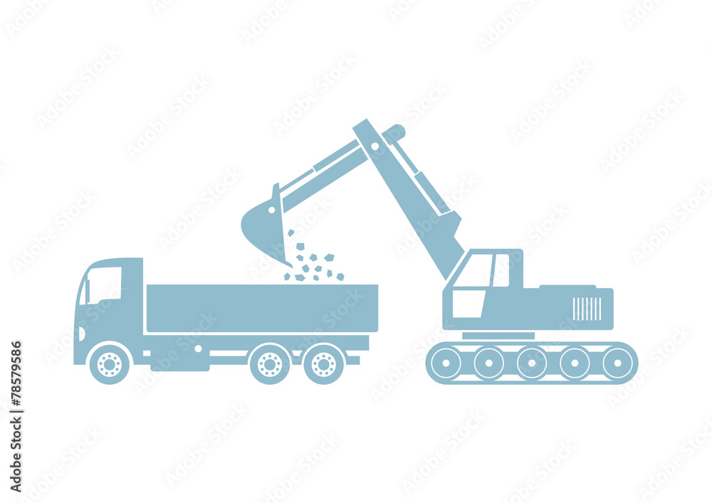 Truck and excavator on white background